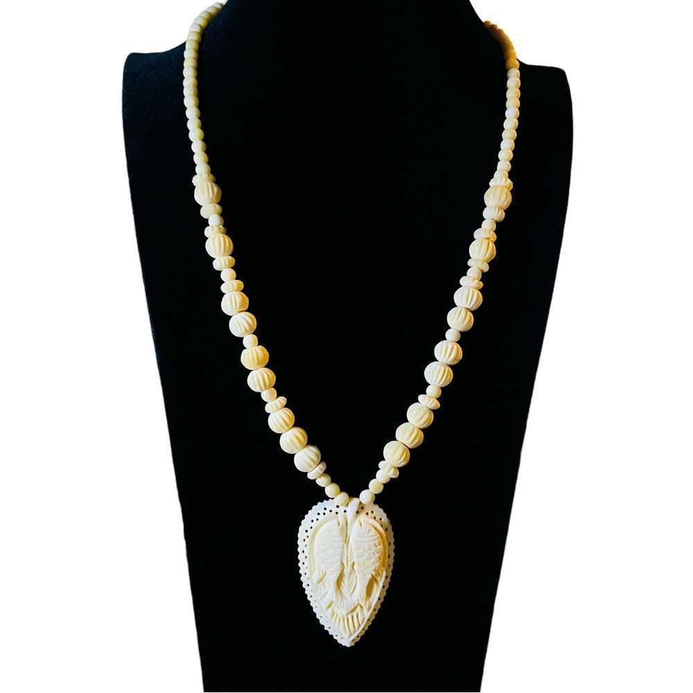 Vintage Hand Carved Bone Beaded Necklace & Pendant Hand Strung Hand Craf…